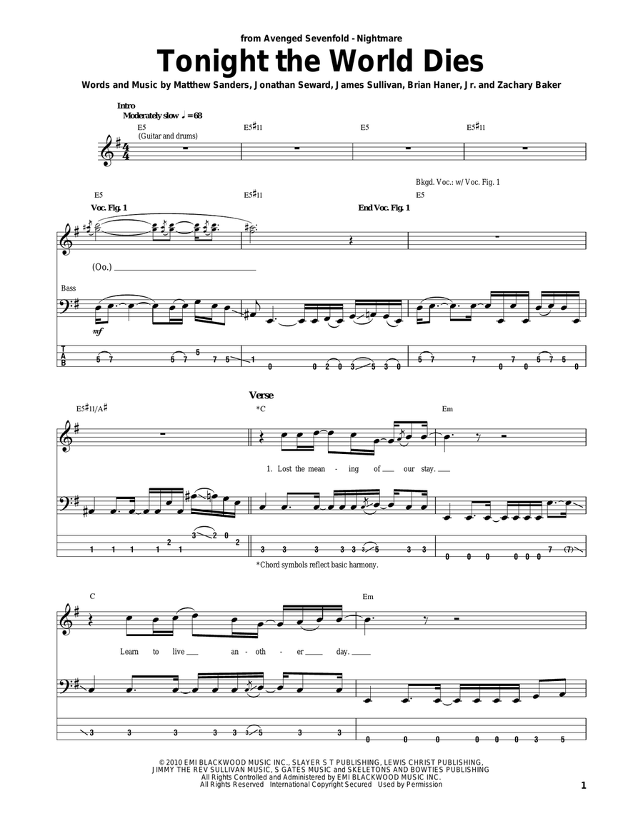 Tonight The World Dies Tonight The World Dies Bass Guitar Tablature scores gallery preview page 1