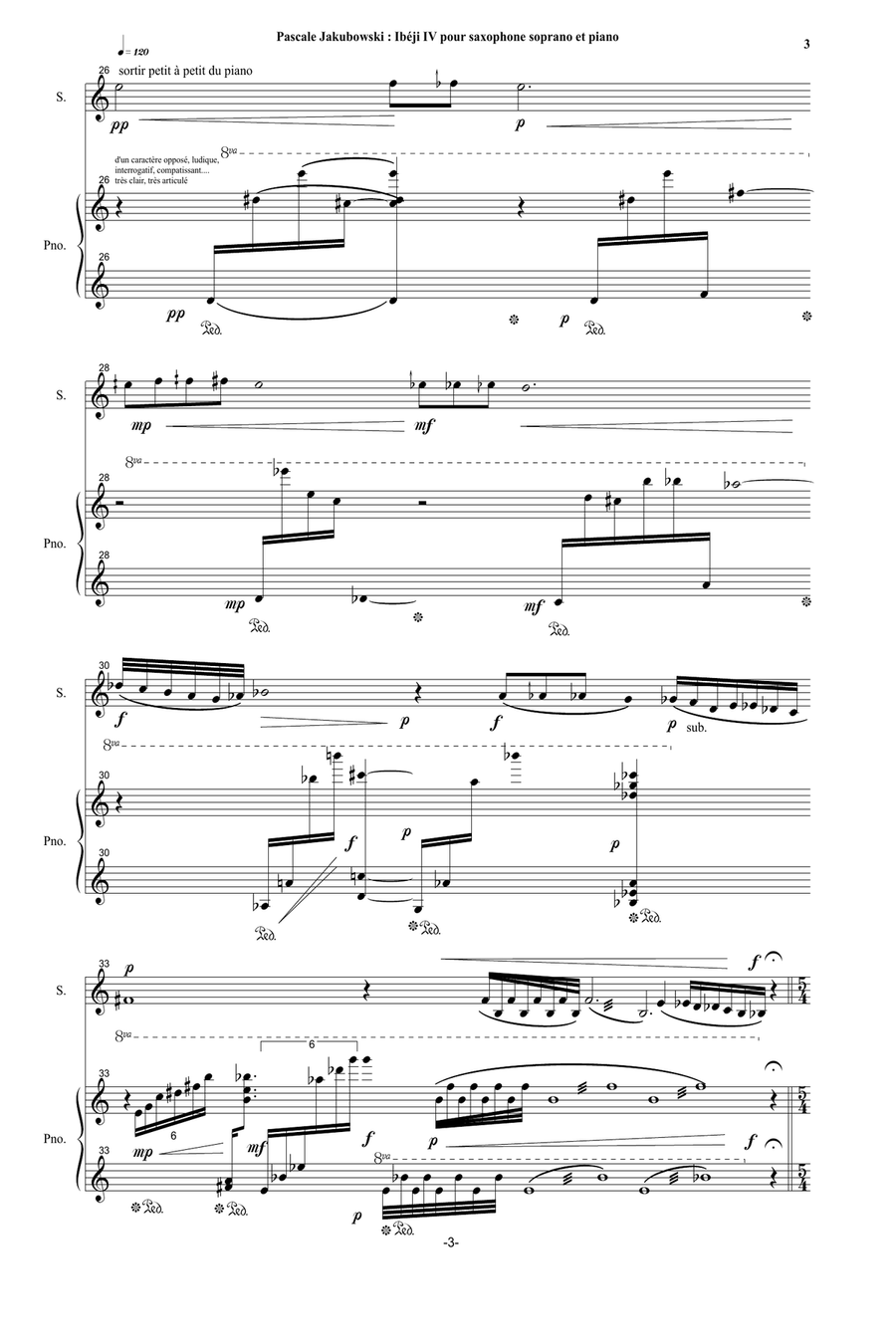 Pascale Jakubowski : Ibéji IV for soprano saxophone and piano Soprano Saxophone scores gallery preview page 3