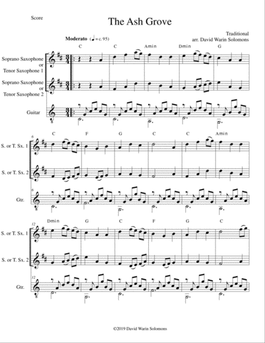 The Ash Grove (Llwyn Onn) for 2 tenor or soprano saxophones and guitar Tenor Saxophone scores gallery preview page 1