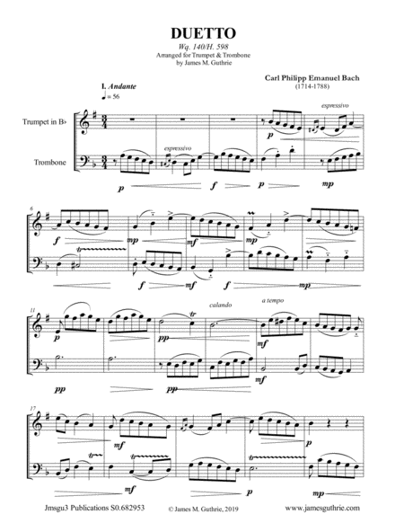 CPE Bach: Duetto Wq. 140 for Trumpet & Trombone image number null