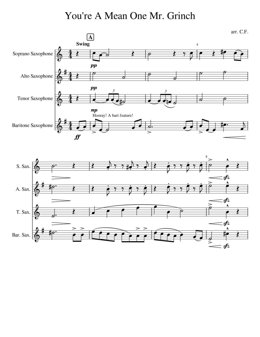 You're A Mean One, Mr. Grinch Woodwind Quartet scores gallery preview page 1