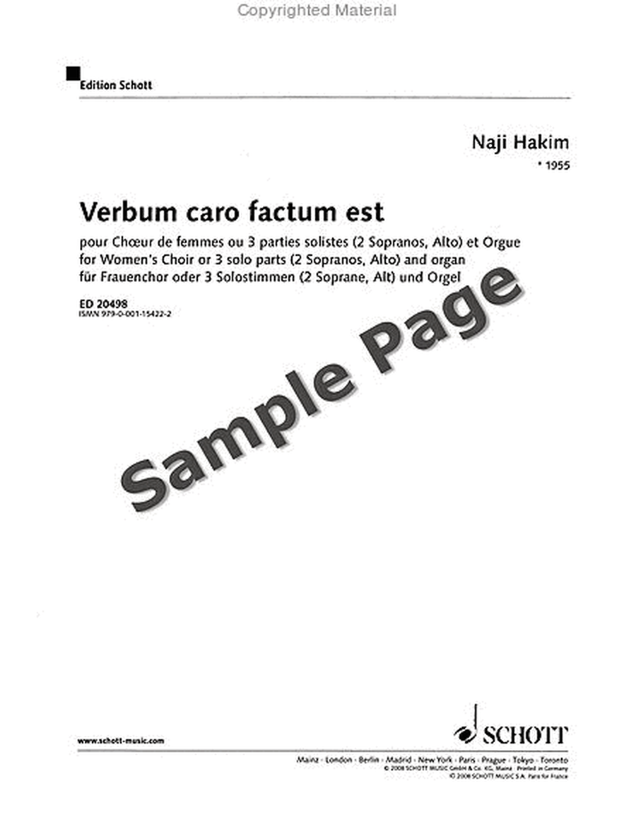 Verbum Caro Factun Est Femalechoir(ssa) Or 3 Solo Parts And Organ