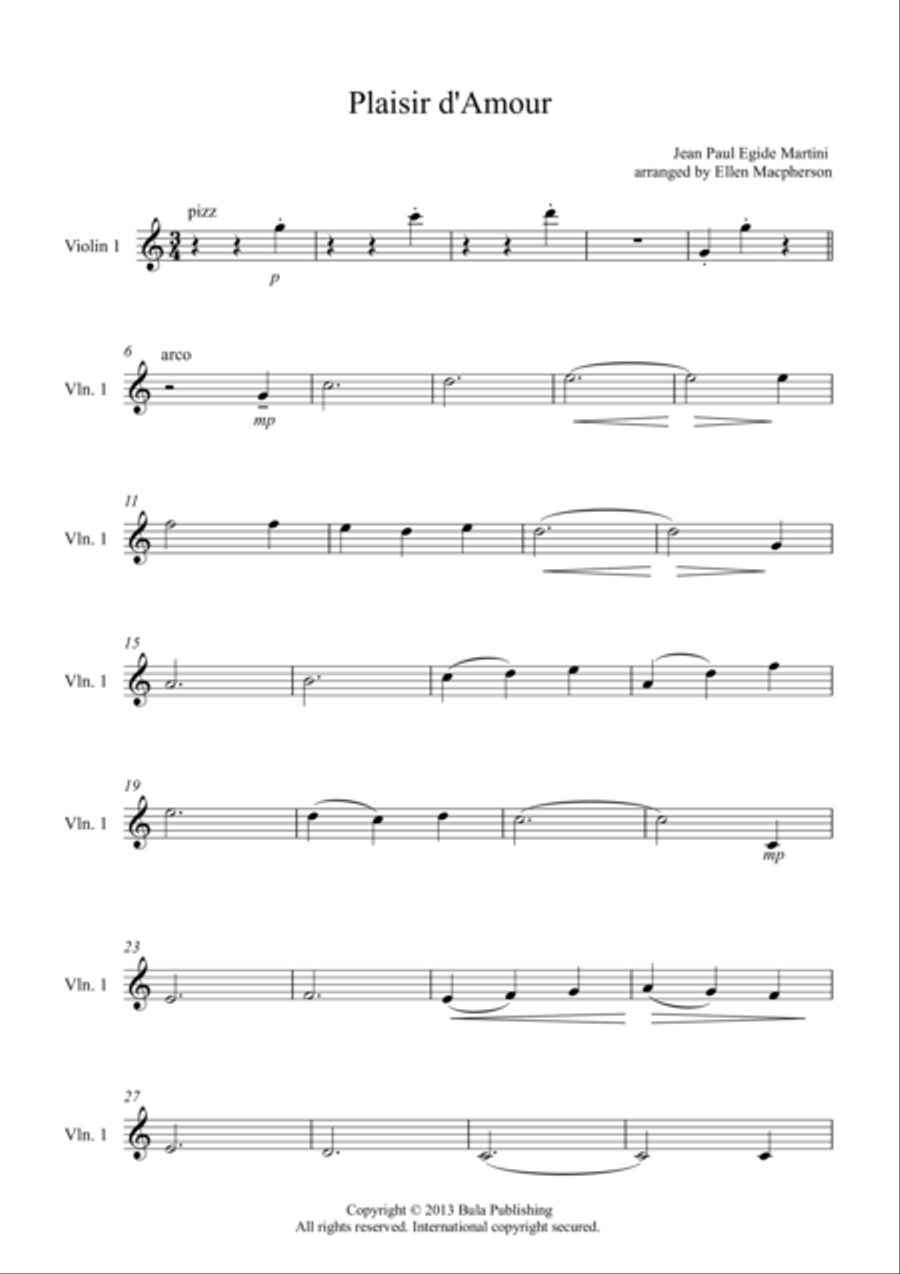 Plaisir d'Amour (The Pleasure of Love)- Violin 1 part - Easy String Quartet Wedding Music String Quartet scores gallery preview page 1