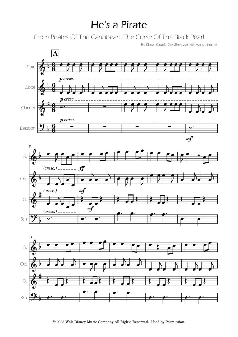 He's A Pirate Woodwind Quartet scores gallery preview page 1