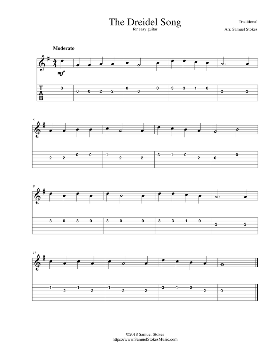 The Dreidel Song (I Have a Little Dreidel) - for easy guitar with TAB Guitar Tablature scores gallery preview page 1