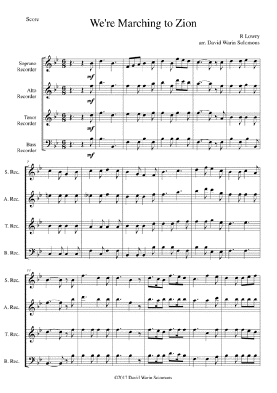 We're Marching to Zion for recorder quartet Soprano Recorder scores gallery preview page 1