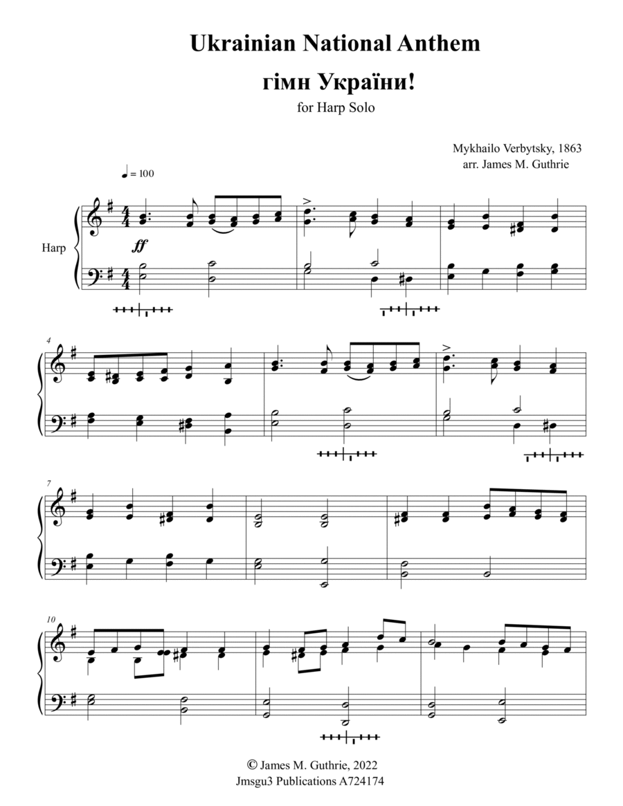 Ukrainian National Anthem for Harp Solo Chamber Music scores gallery preview page 1