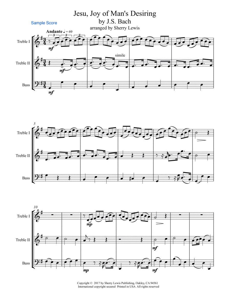 JESU, JOY OF MAN'S DESIRING, Trio, Intermediate Level for String Trio, woodwind trio, any combinatio Flute scores gallery preview page 1