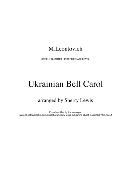 UKRAINIAN BELL CAROL (Carol of the Bells) String Quartet, Intermediate Level for 2 violins, viola an image number null