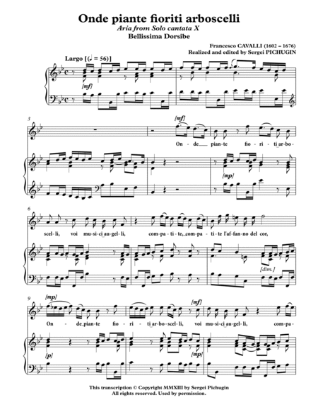 CAVALLI Francesco: Onde piante fioriti arboscelli, aria from the cantata, arranged for Voice and Pia image number null