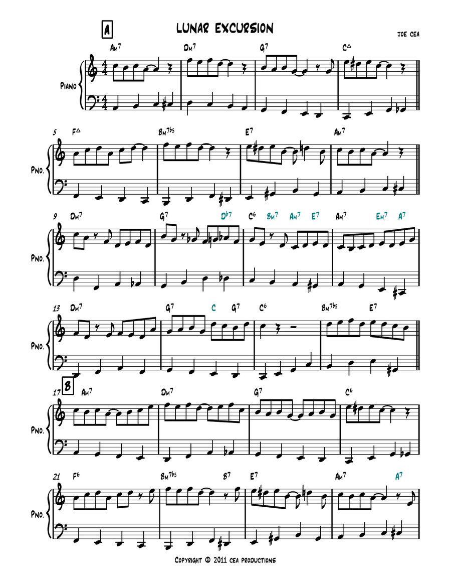 Lunar Excursion- Jazz Piano piece for intermediate students featuring walking bass Piano Solo scores gallery preview page 1