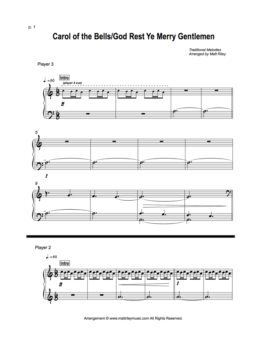 Carol of the Bells / God Rest Ye Merry Gentlemen - 1 Piano, Six Hands Piano Trio scores gallery preview page 1
