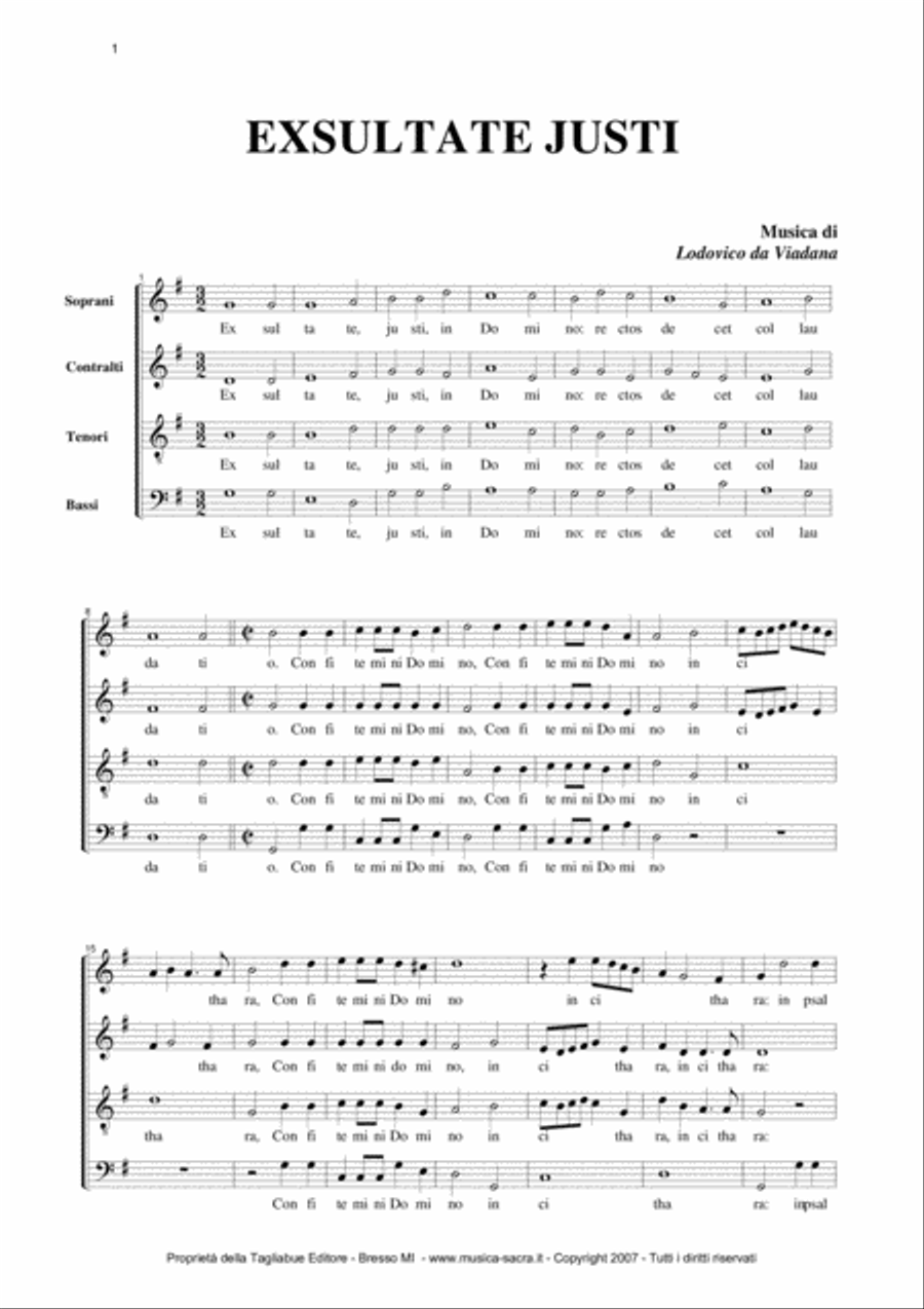 EXSULTATE JUSTI - Lodovico Grossi da Viadana - Mottetto for SATB Choir 4-Part scores gallery preview page 1