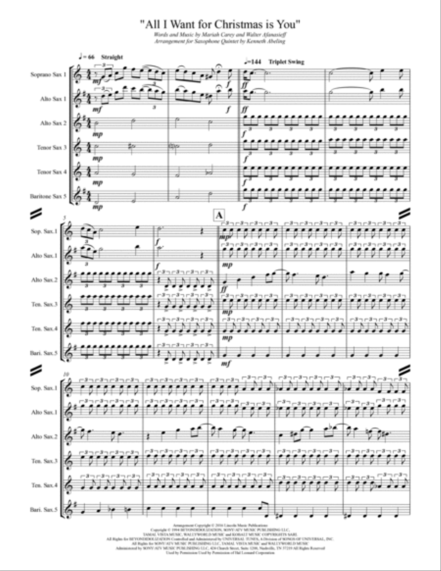 All I Want For Christmas Is You Saxophone Quintet scores gallery preview page 2