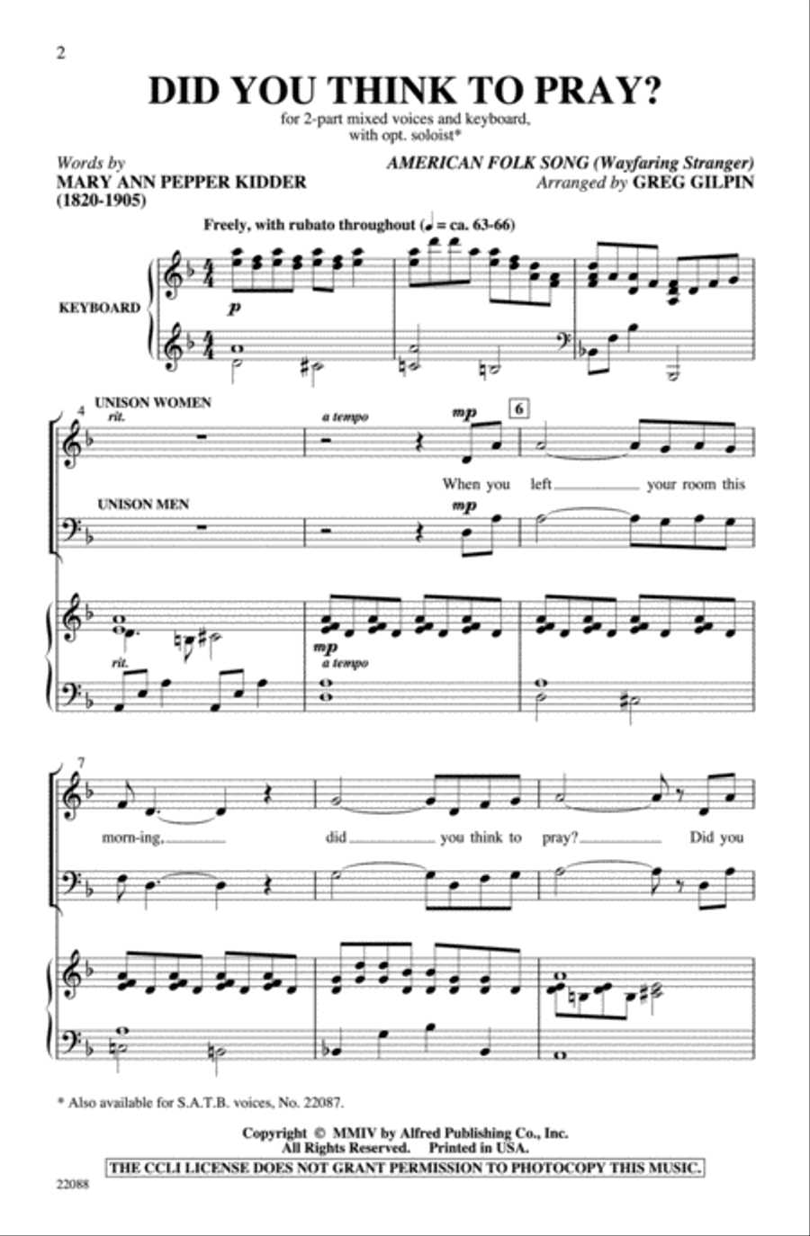 Did You Think to Pray? 2-Part scores gallery preview page 2