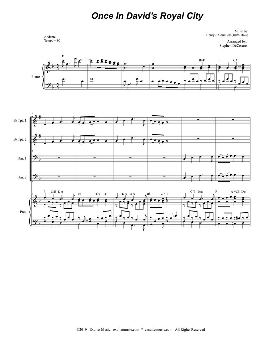 Once In Royal David's City (Brass Quartet and Piano - Alternate Version) Brass Quartet scores gallery preview page 1