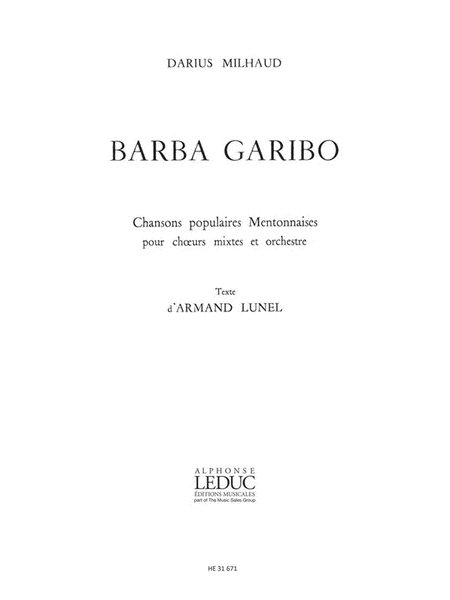 Milhaud Darius Barba Garibo Voice & Piano Book