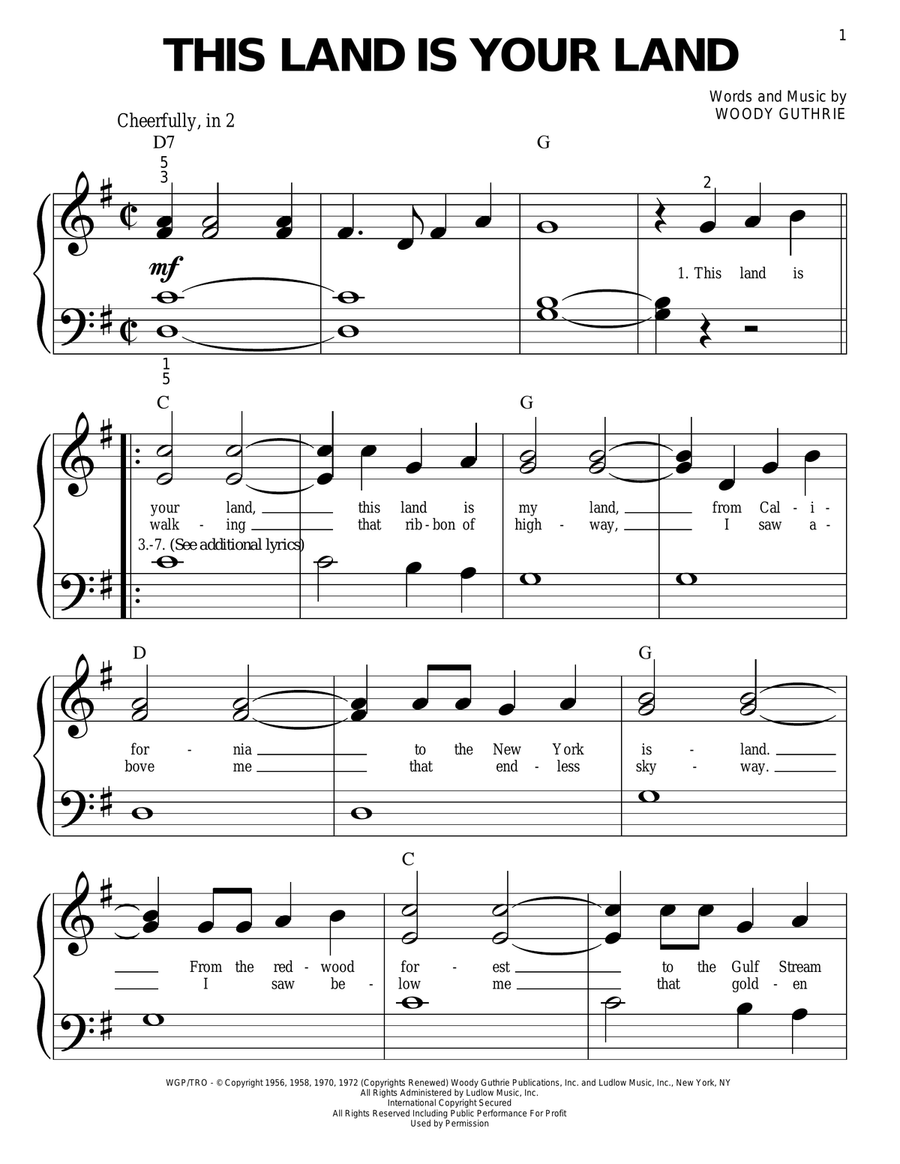 This Land Is Your Land Easy Piano scores gallery preview page 1