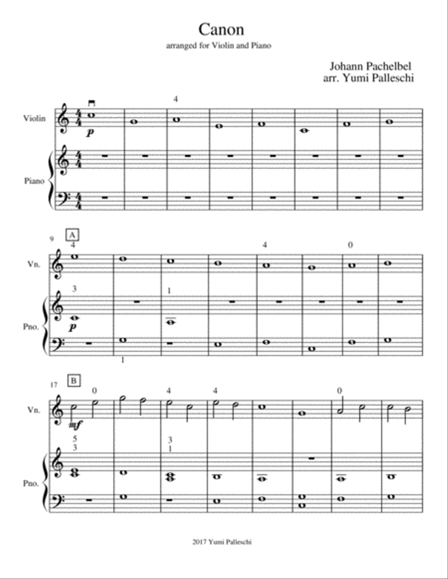 Canon - Pachelbel (Easy Violin & Piano Duet) Small Ensemble - Digital Sheet Music