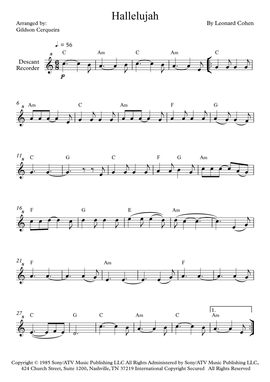Hallelujah Soprano Recorder scores gallery preview page 1