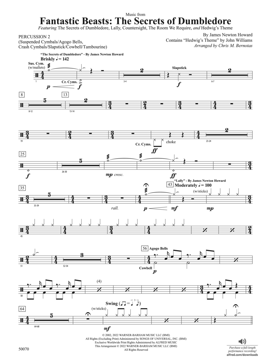 Fantastic Beasts: The Secrets of Dumbledore: 2nd Percussion Concert Band scores gallery preview page 1