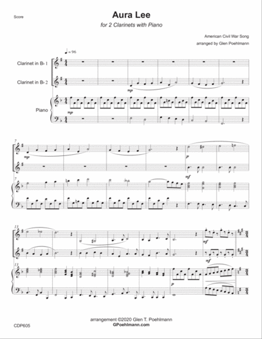 AURA LEE - CLARINET DUET with Piano Accompaniment Clarinet Duet scores gallery preview page 1