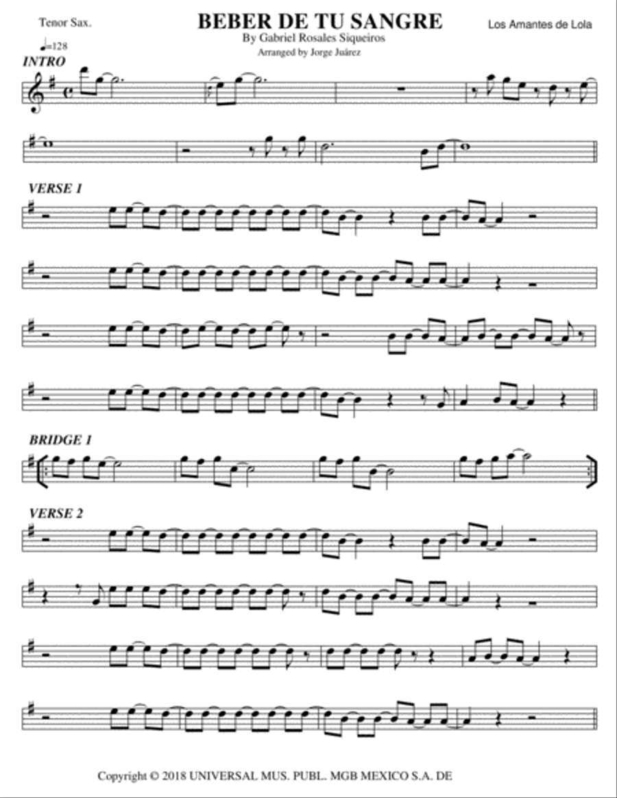 Beber De Tu Sangre Tenor Saxophone scores gallery preview page 1