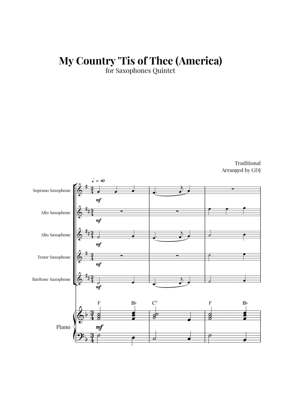 My Country 'Tis of Thee (America) Saxophone Quintet scores gallery preview page 1