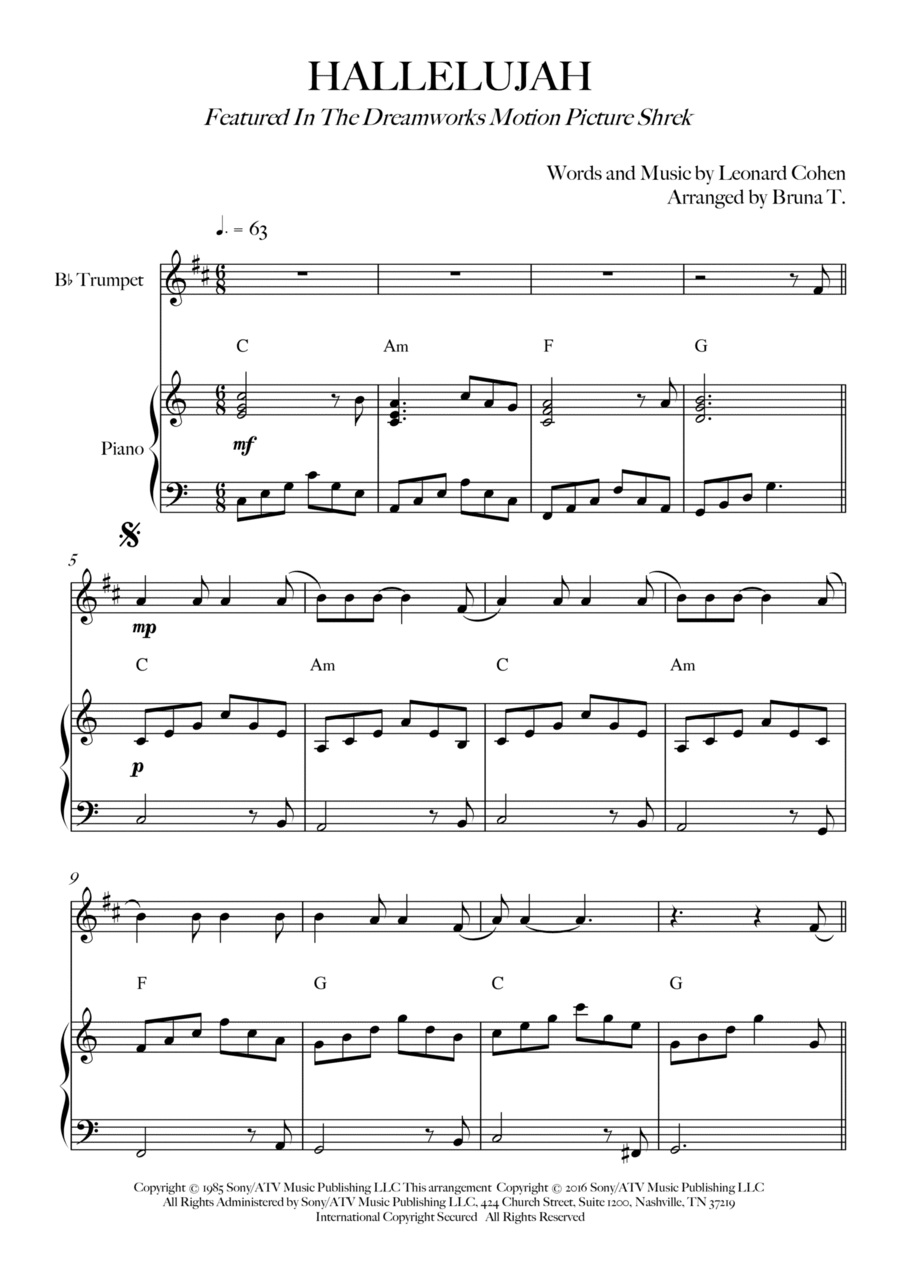 Hallelujah C Trumpet scores gallery preview page 1