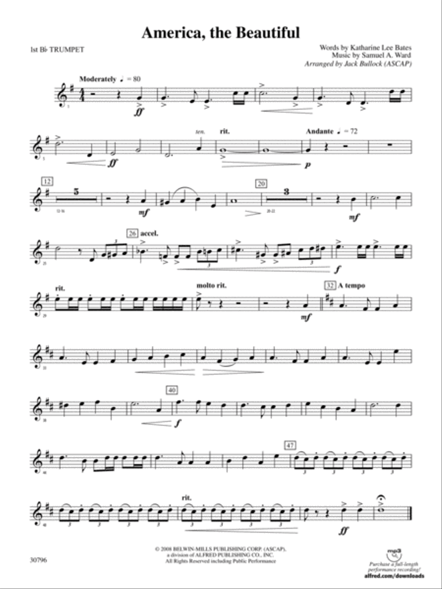 America, the Beautiful: 1st B-flat Trumpet Concert Band scores gallery preview page 1