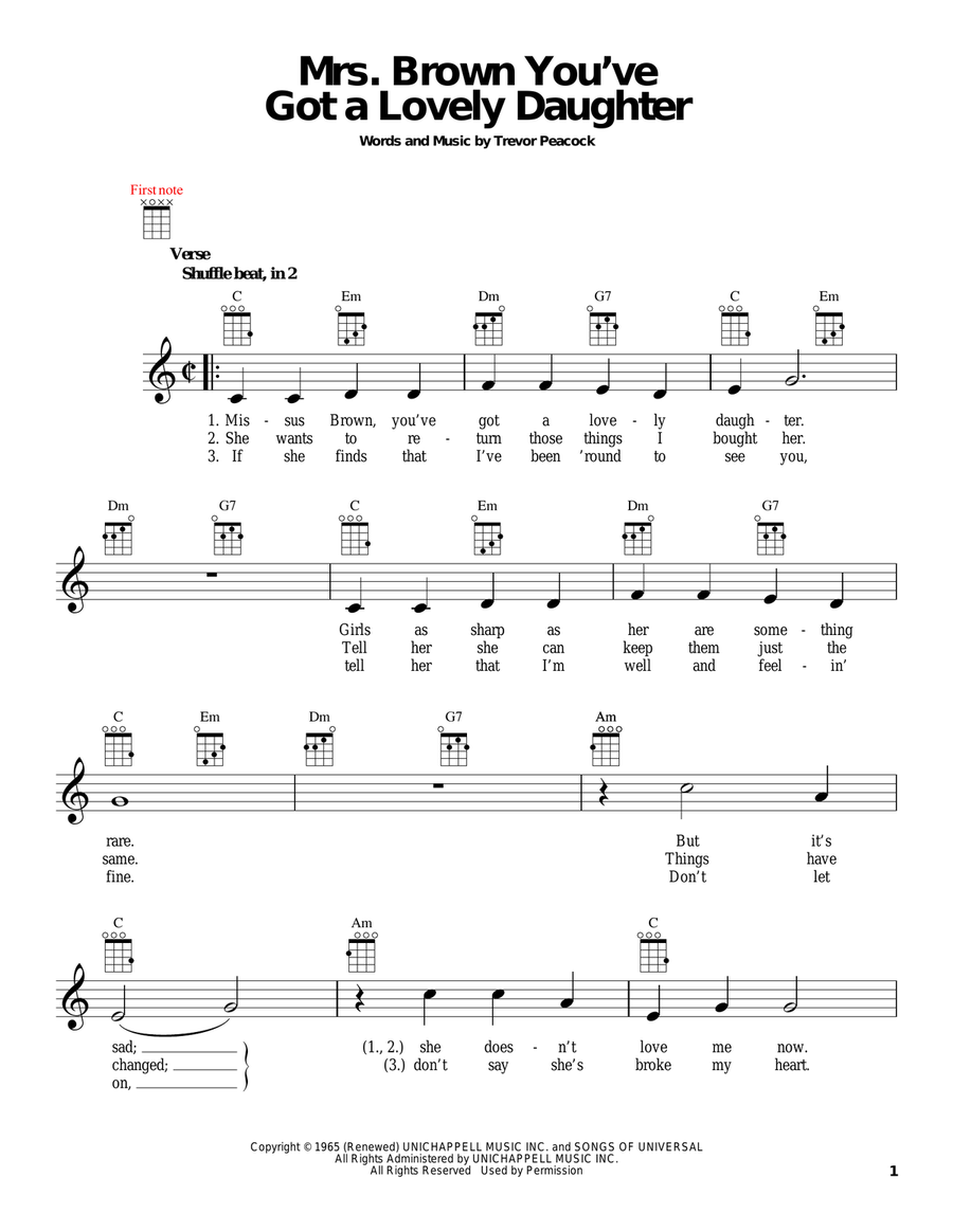 Mrs. Brown You've Got A Lovely Daughter Ukulele scores gallery preview page 1