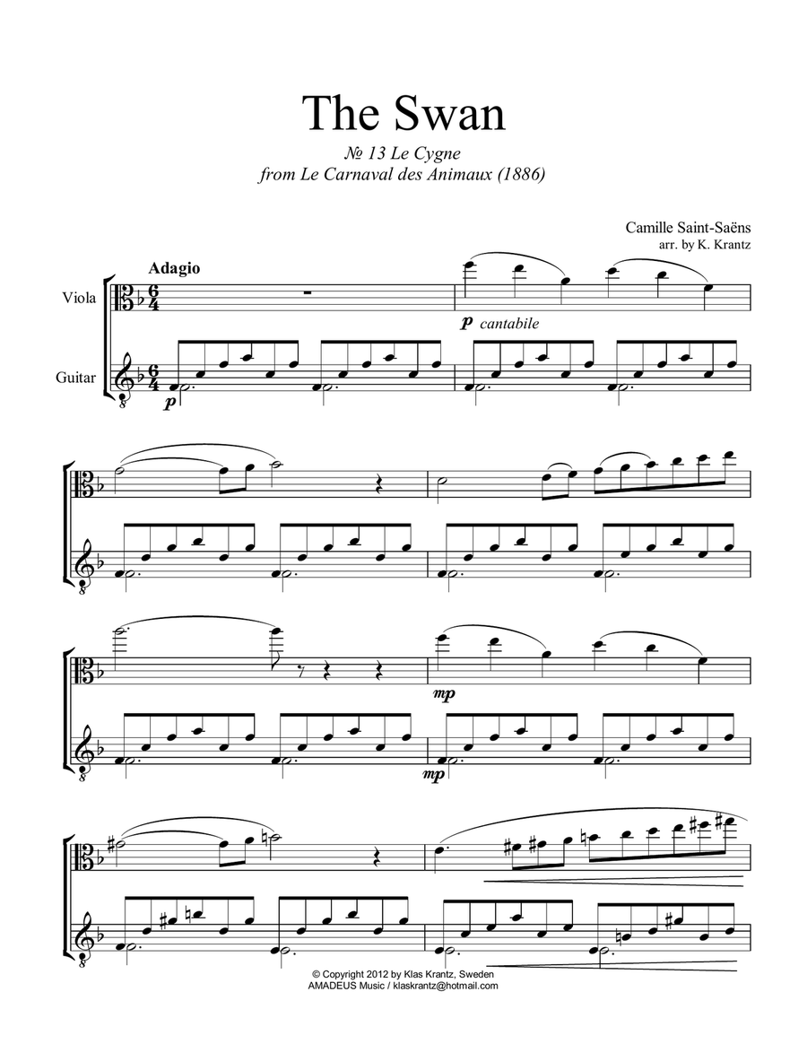 The Swan / Le Cygne for viola and easy guitar (F major) String Duet scores gallery preview page 2