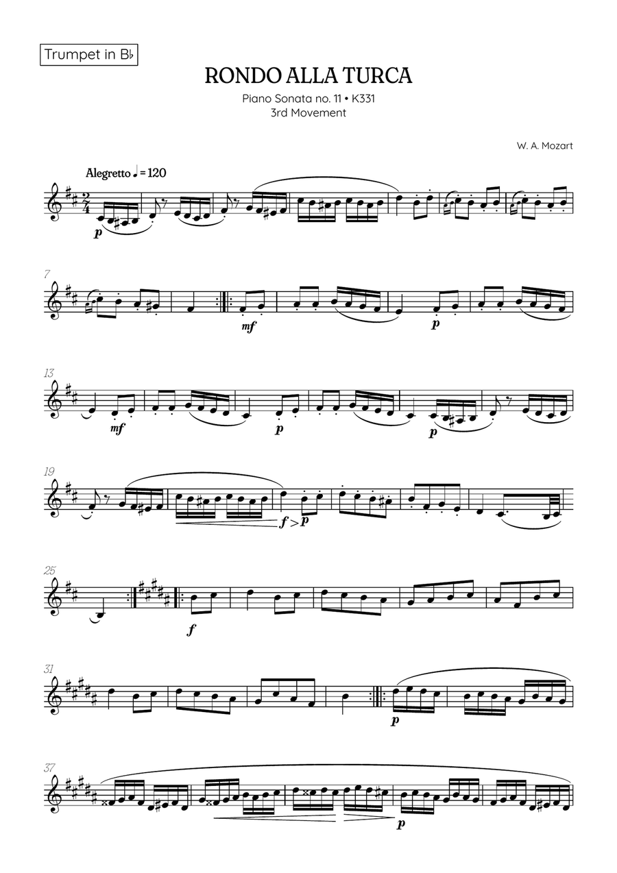 Rondo Alla Turca (Turkish March) • trumpet sheet music B-Flat Trumpet scores gallery preview page 1