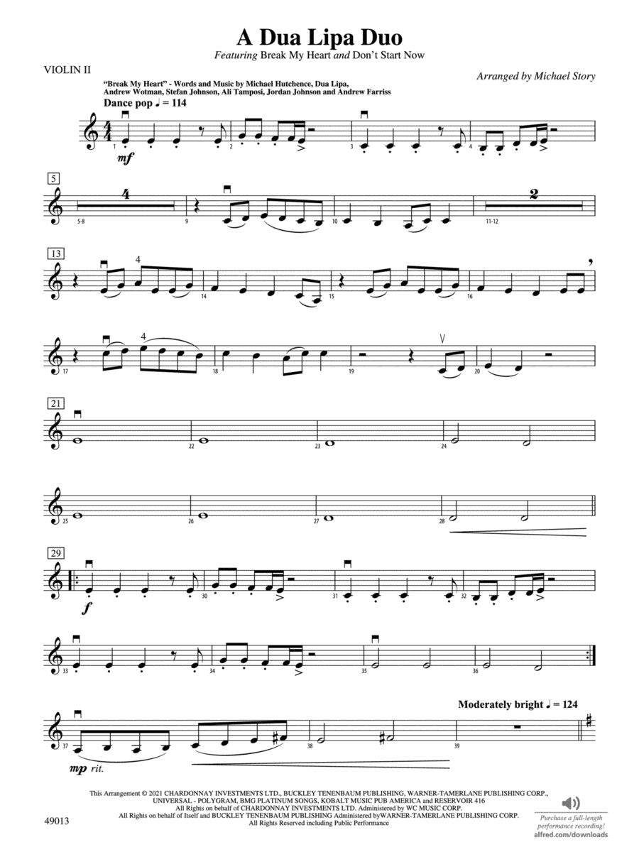 A Dua Lipa Duo: 2nd Violin String Orchestra scores gallery preview page 1