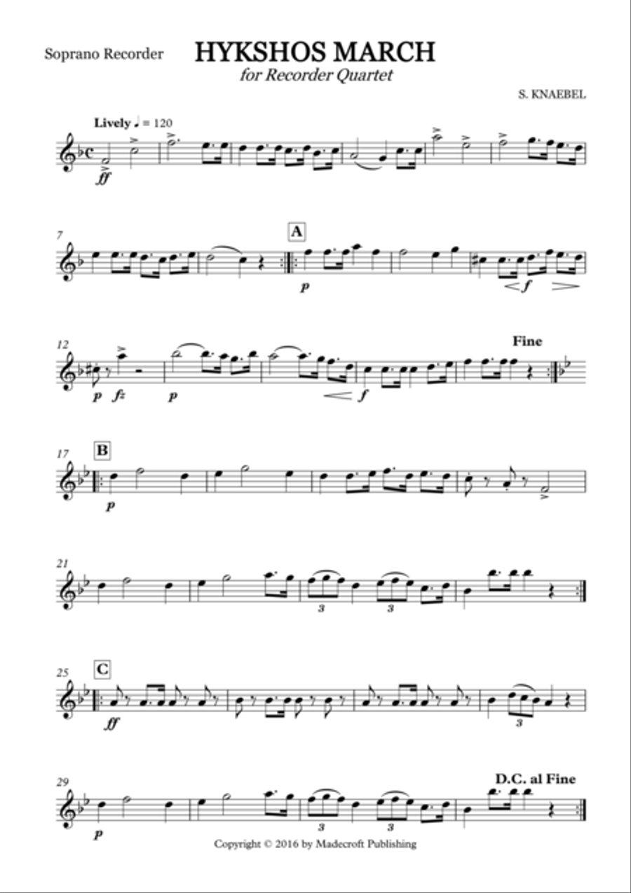 Hykshos March for Recorder Quartet (SATB) 4-Part scores gallery preview page 5