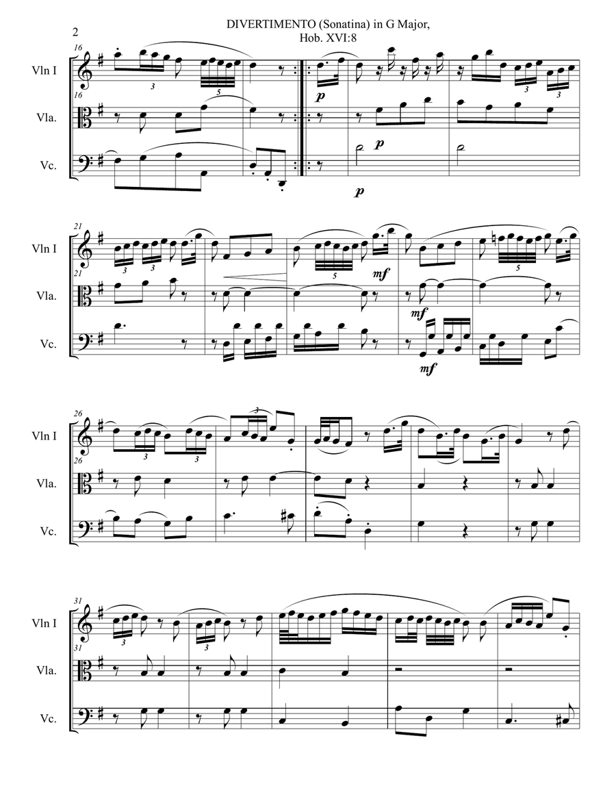 F. J. Haydn. DIVERTIMENTO (Sonatina) in G Major, Hob. XVI-8, Trio string. With parts String Trio scores gallery preview page 2
