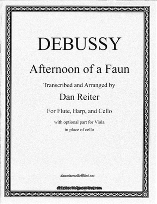 Prelude to the Afternoon of a Faun for flute, harp and cello trio. concert repertoire; relaxation mu