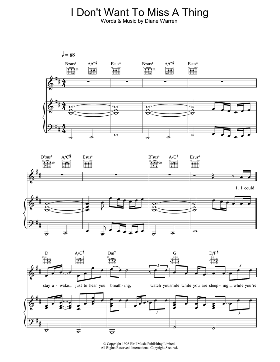 I Don't Want To Miss A Thing Piano, Vocal, Guitar scores gallery preview page 1