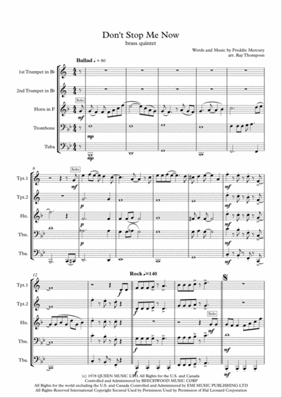 Don't Stop Me Now Brass Quintet scores gallery preview page 2
