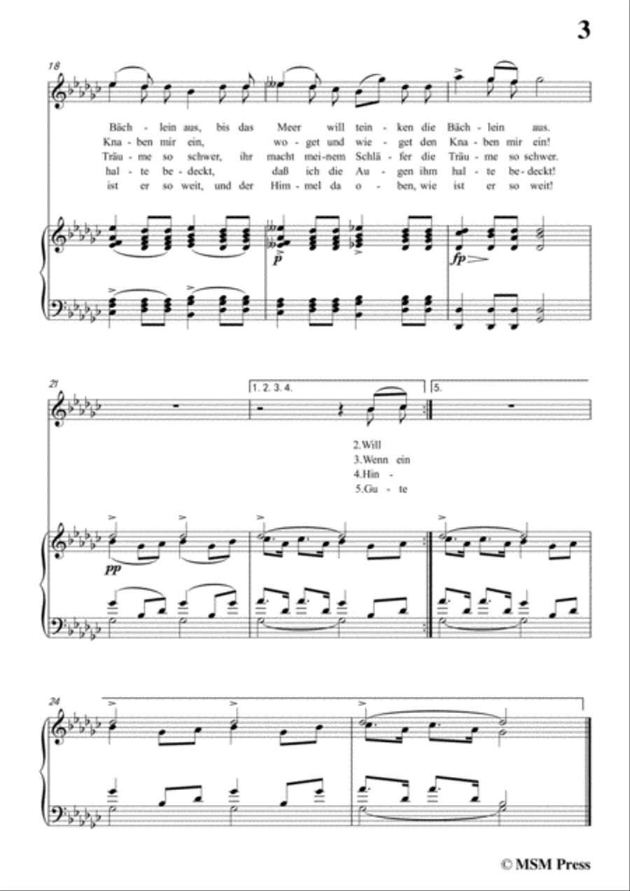 Schubert-Des Baches Wiegenlied,from 'Die Schöne Müllerin',Op.25 No.20,in G flat Major,for Voice&Pian Voice scores gallery preview page 5