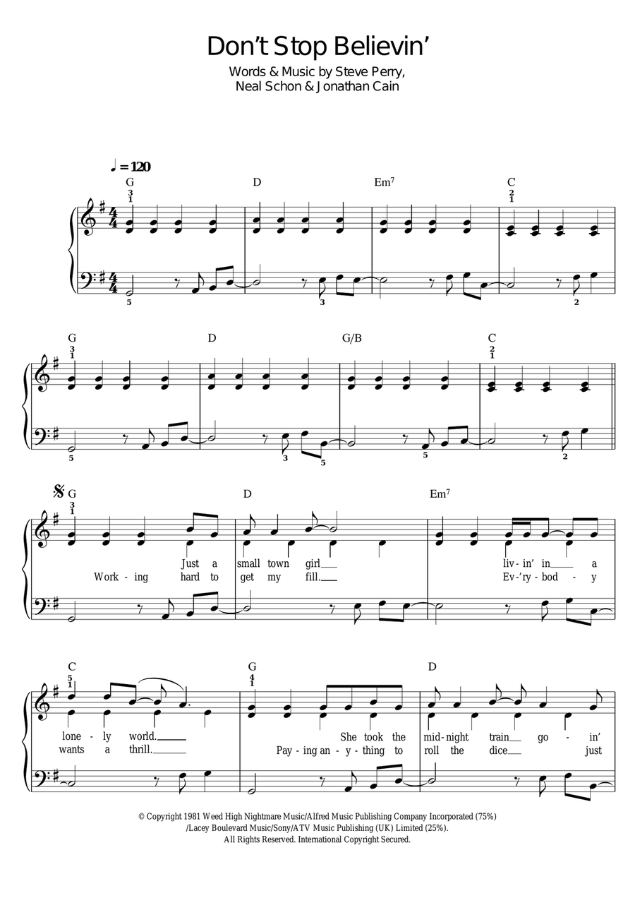 Don't Stop Believin' Easy Piano scores gallery preview page 1