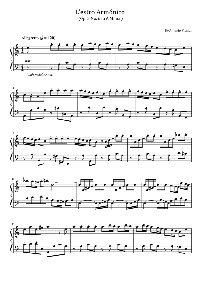 Vivaldi - L'Estro Armonico - (RV 356 Op.3 No.6 in A Minor) - For Piano Solo image number null