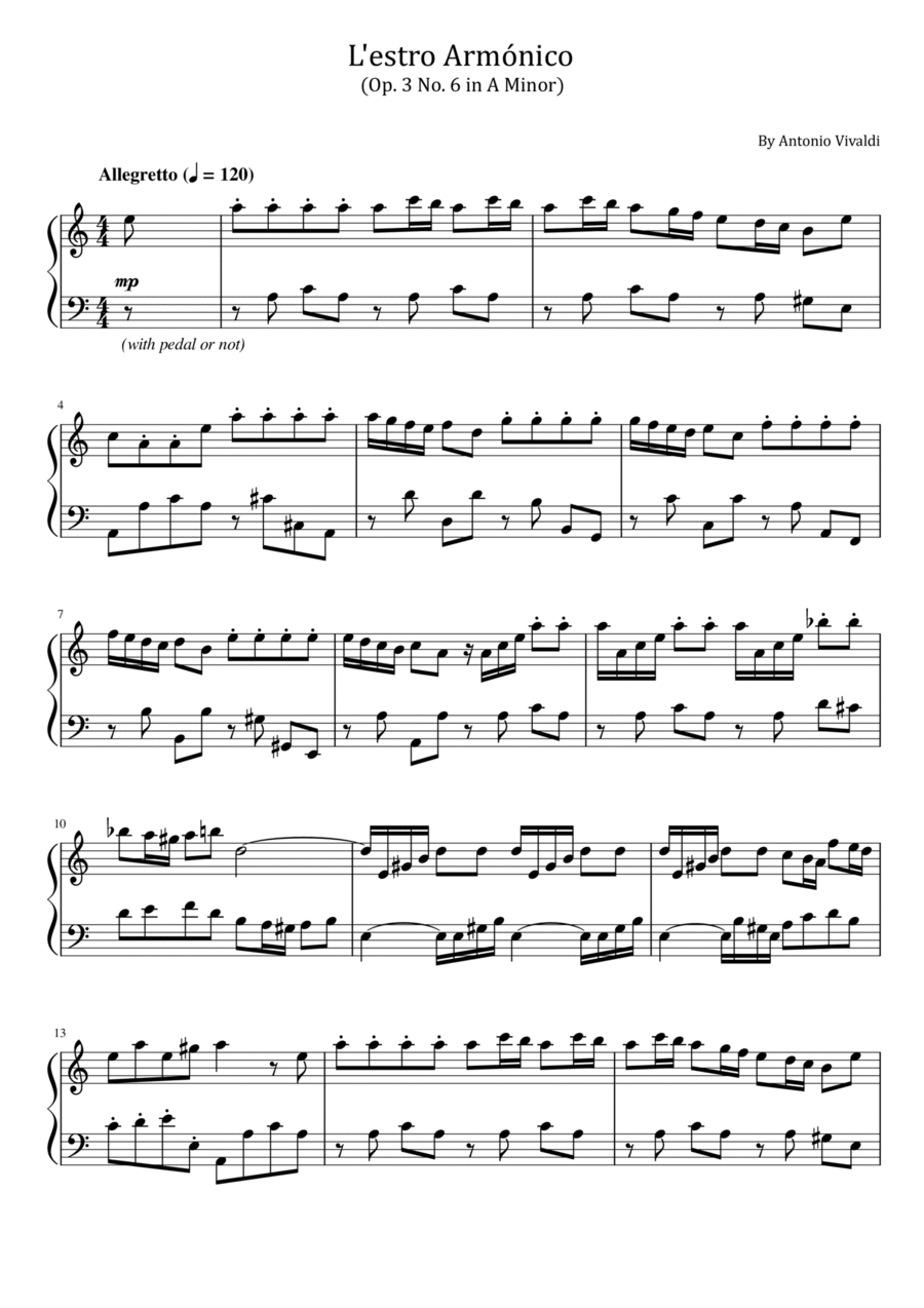 Vivaldi - L'Estro Armonico - (RV 356 Op.3 No.6 in A Minor) - For Piano Solo Piano Solo scores gallery preview page 1