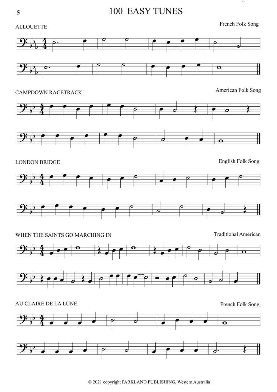 A LEARN TO PLAY. 100 EASY TUNES & 10 DUETS. Beginner DOUBLE BASS and BASS GUITAR in BASS CLEF. Double Bass scores gallery preview page 5