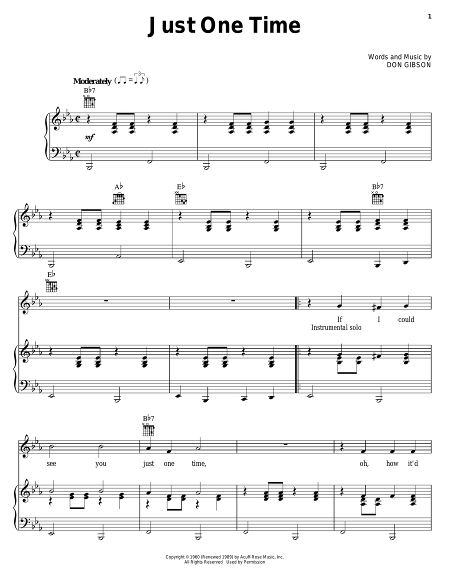 Just One Time Piano, Vocal, Guitar scores gallery preview page 1