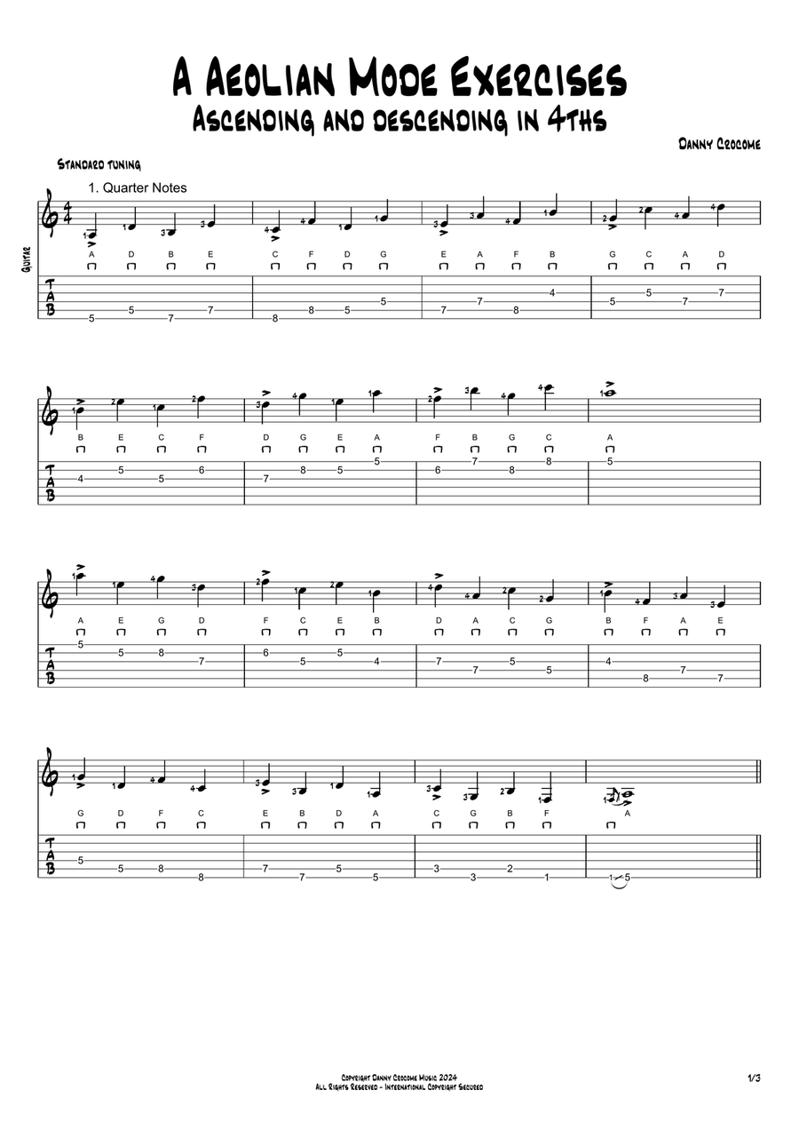 A Aeolian Mode Exercises - Ascending and Descending in 4ths Acoustic Guitar scores gallery preview page 1