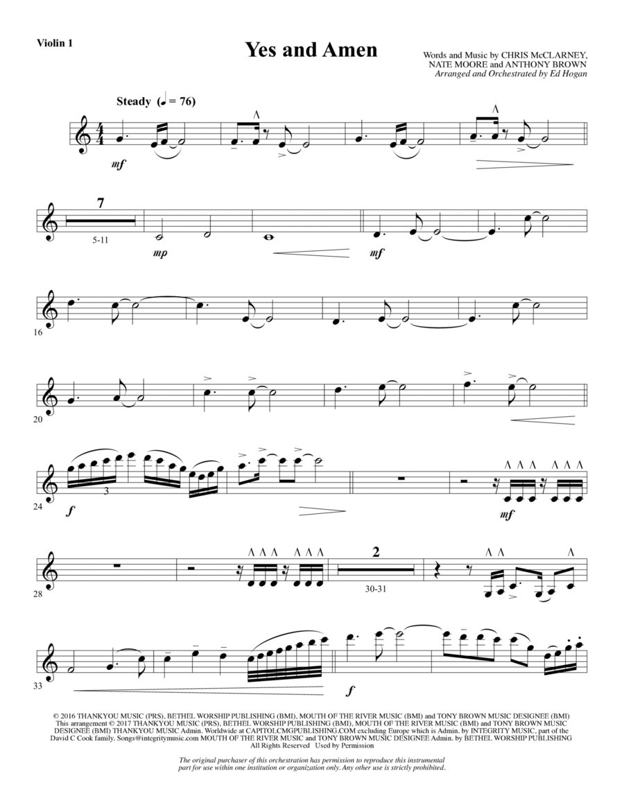 Yes and Amen - Violin 1 Choir scores gallery preview page 1