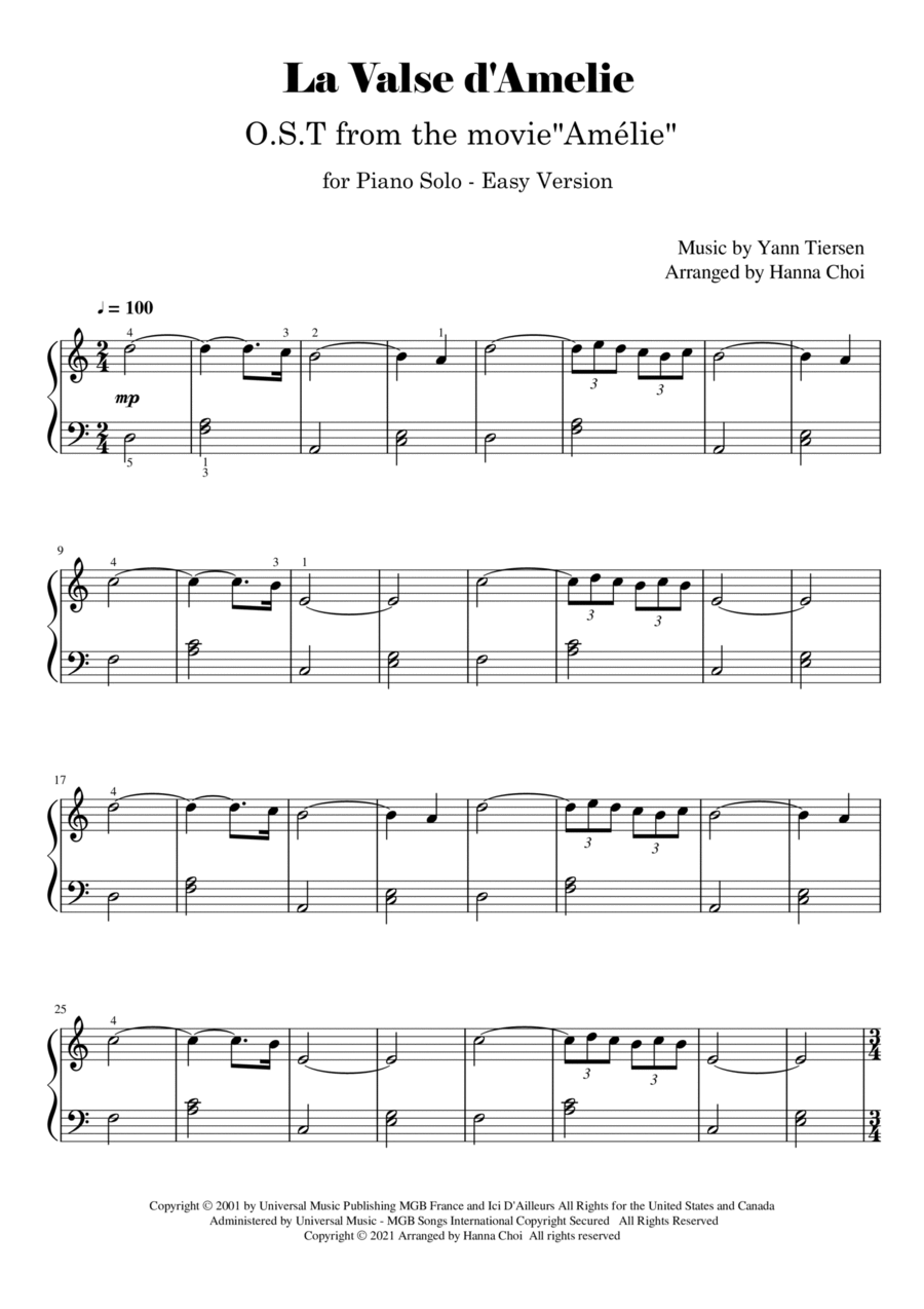 La Valse D'amelie La Valse D'amelie Easy Piano scores gallery preview page 1
