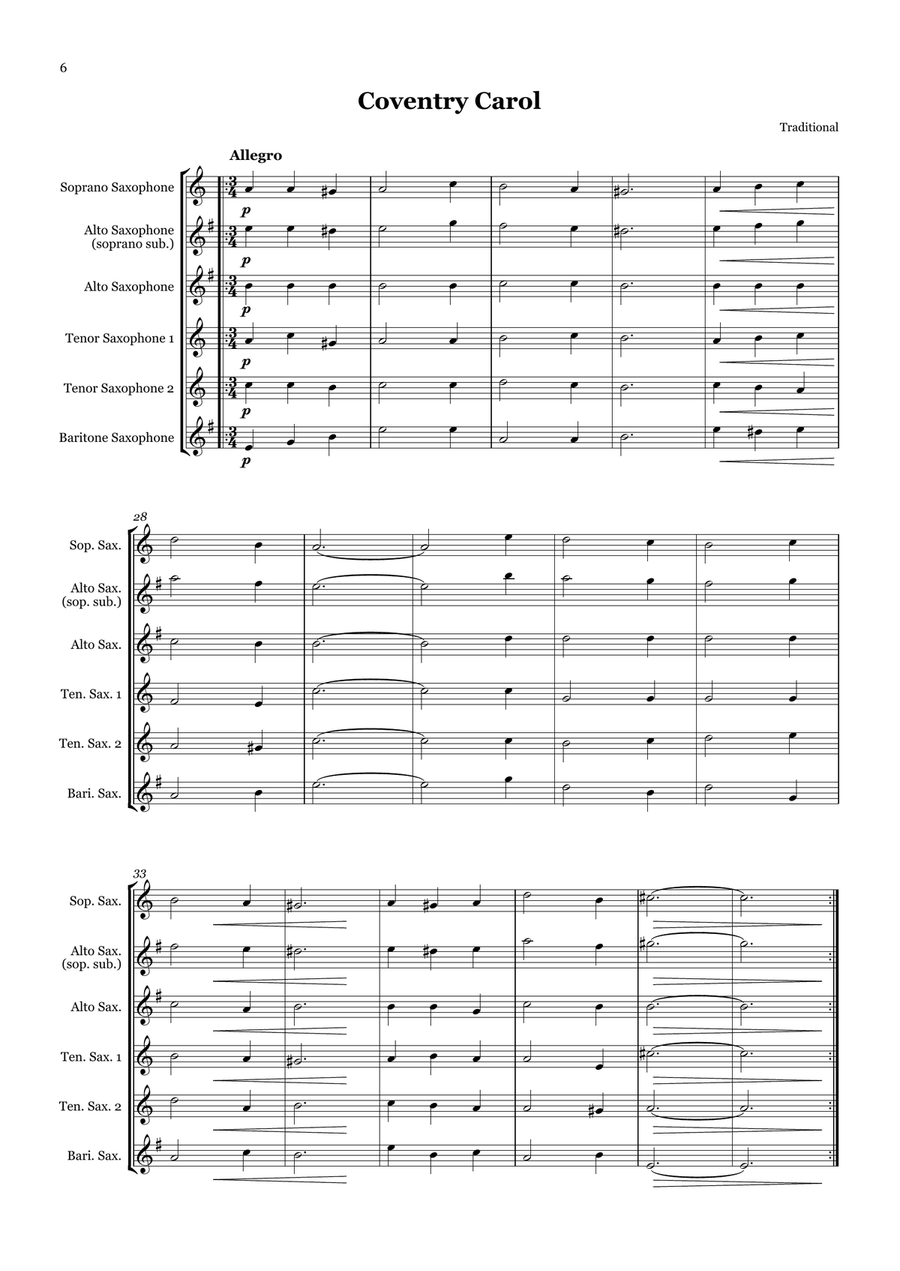 Christmas Carol Selection vol. 2 for SATTB/AATTB saxophone quintet Saxophone Quintet scores gallery preview page 6