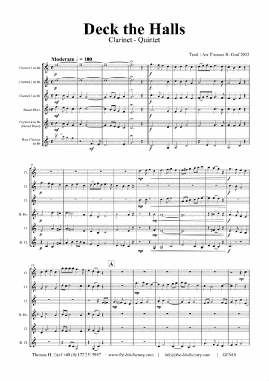 Deck the halls - Christmas Carol - Polyphonic - Clarinet Quintet Clarinet Quintet scores gallery preview page 1